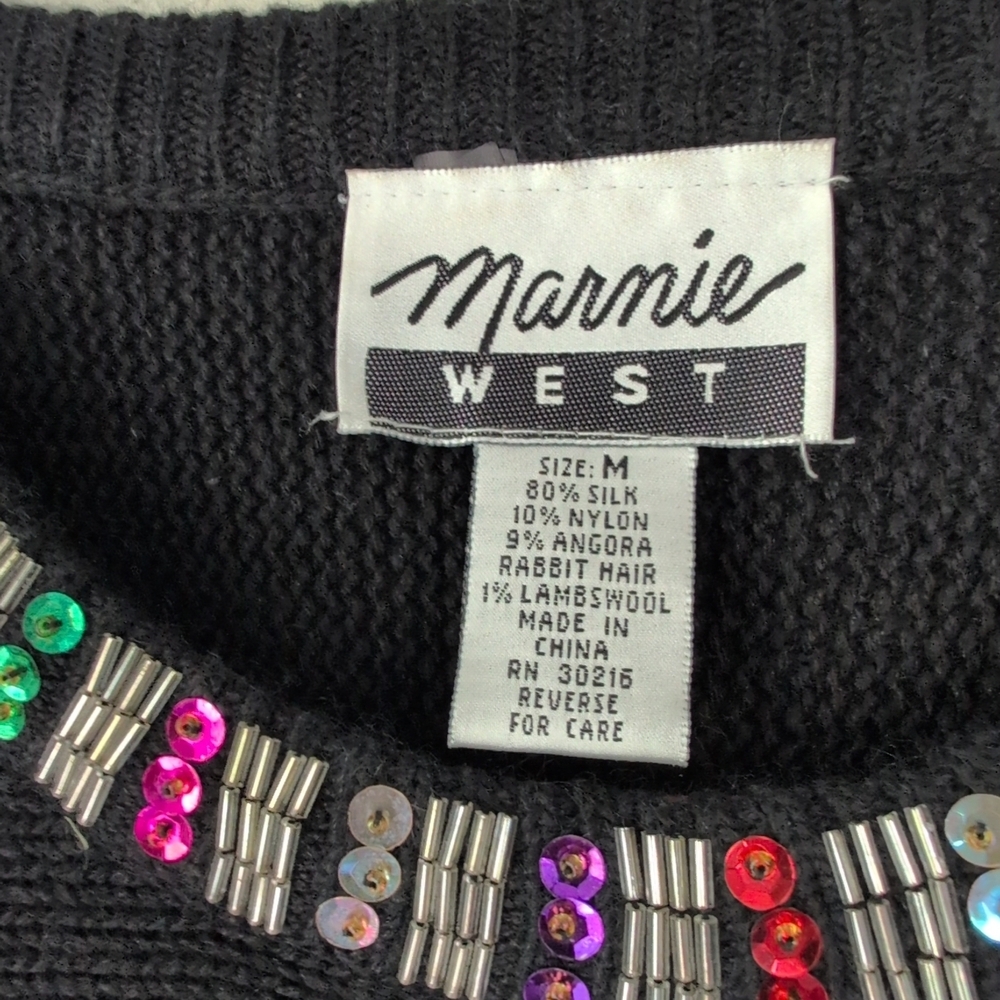 VTG Marnie West Sweater M Black Sequins Shoulder Pads Glam Indie Whimsy Granny - Picture 3 of 11
